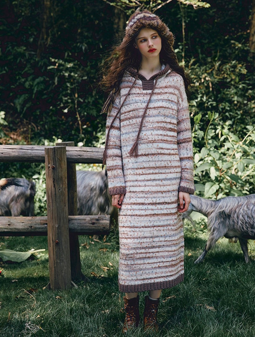 Cozy Striped Knit Hoodie Dress – Casual Straight Maxi Fit