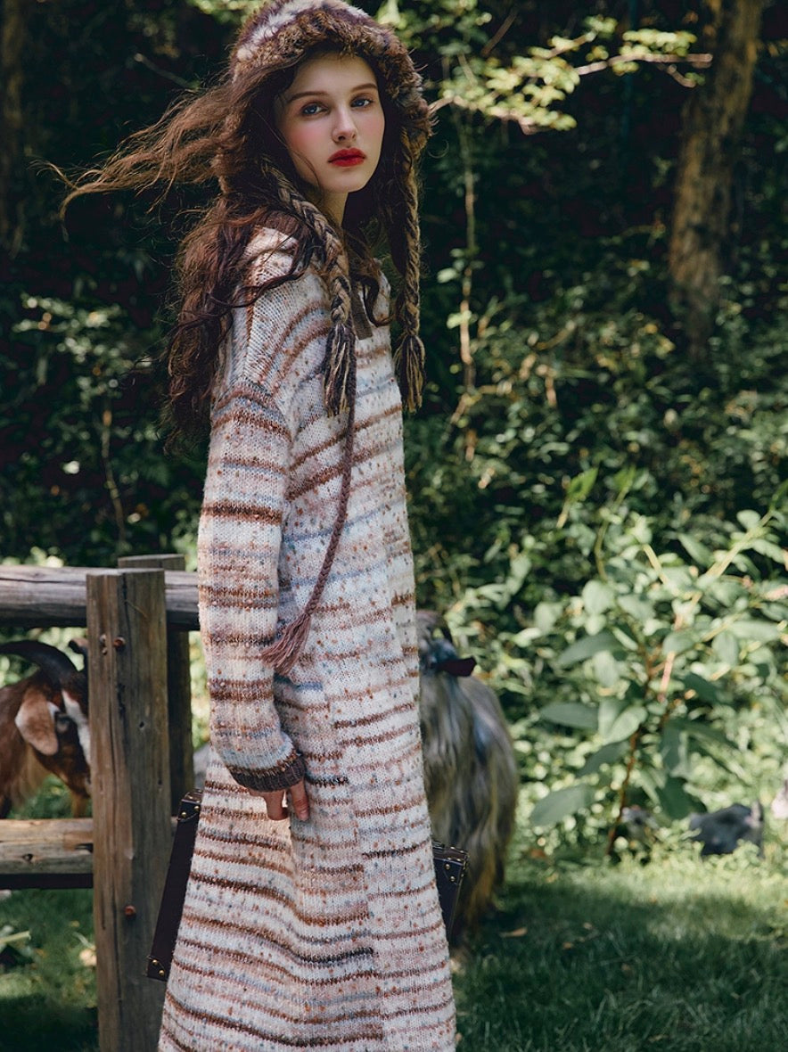 Cozy Striped Knit Hoodie Dress – Casual Straight Maxi Fit