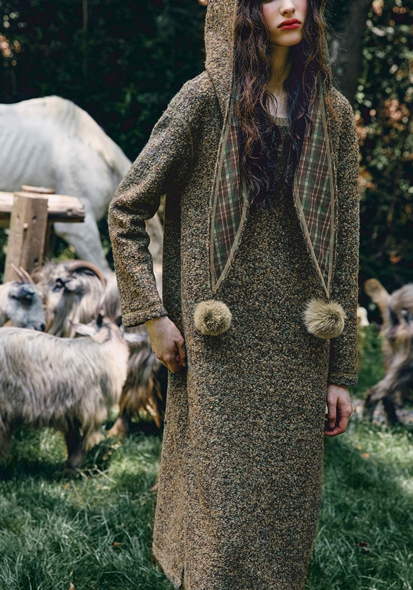 Detachable Hood Wool Blend Straight Maxi Dress