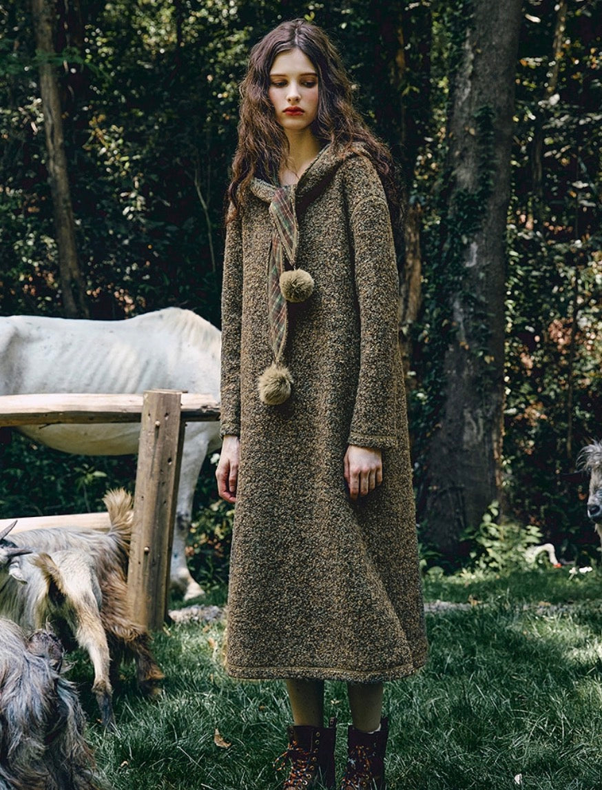 Detachable Hood Wool Blend Straight Maxi Dress