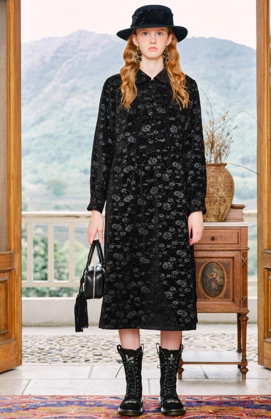 Textured Jacquard Midi Dress with Vintage Button Detail