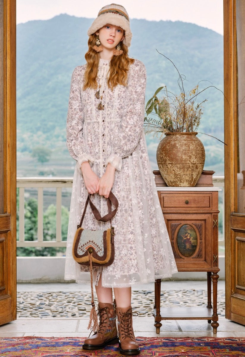 Romantic Winter Floral Mesh Maxi Dress