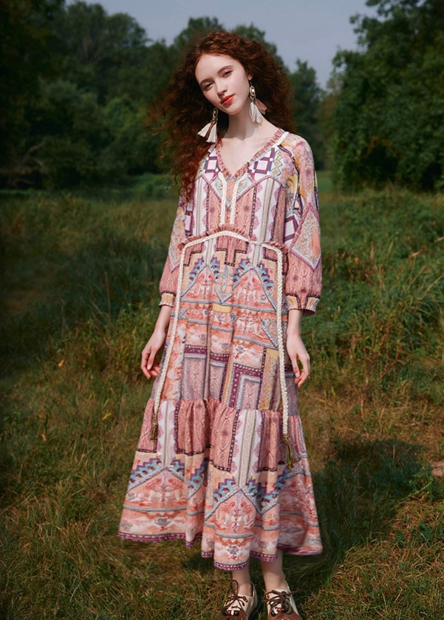 Bohemian Printed V-Neck Raglan Maxi Dress