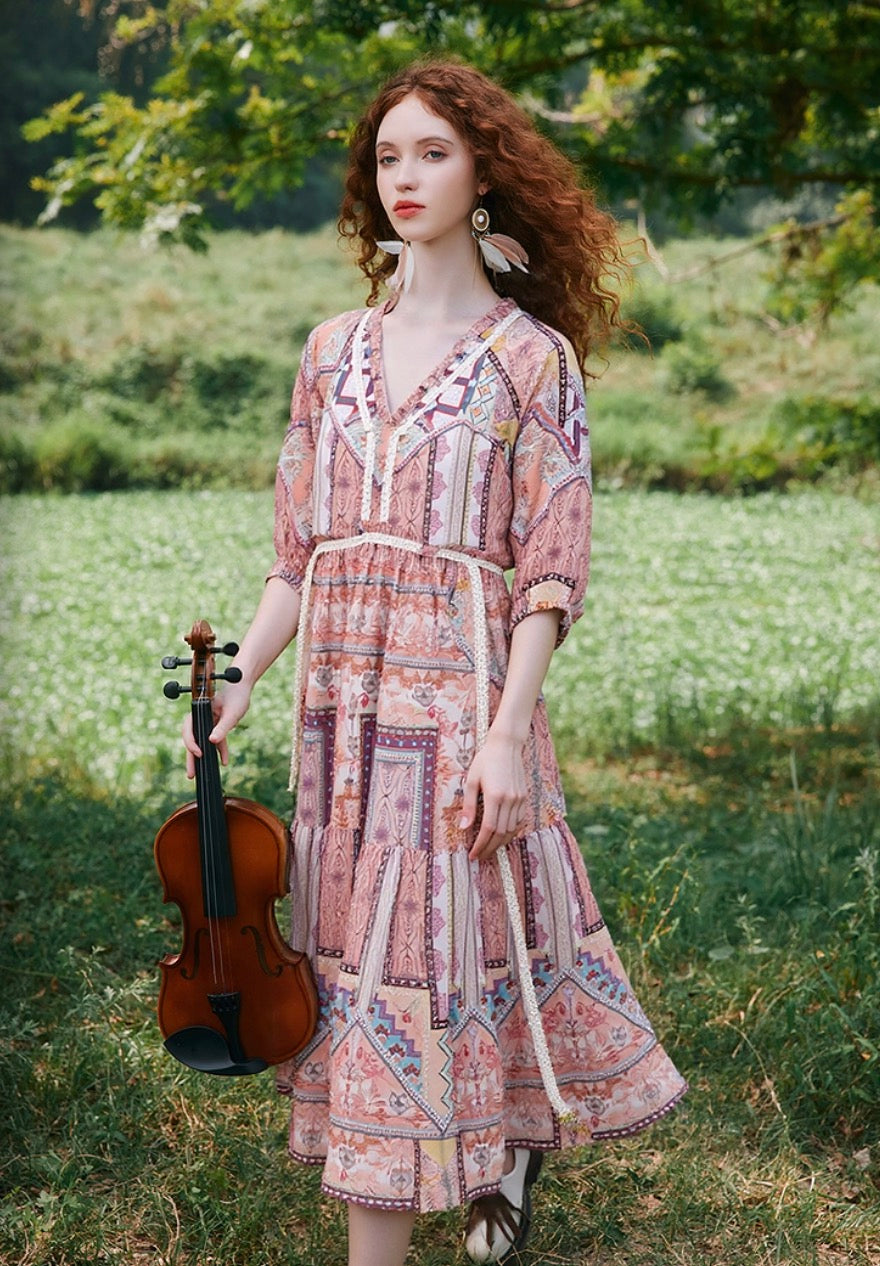 Bohemian Printed V-Neck Raglan Maxi Dress